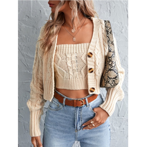 Rouge! Sweaters - 2 Piece Knit Set: Beige Tube Top & Cardigan